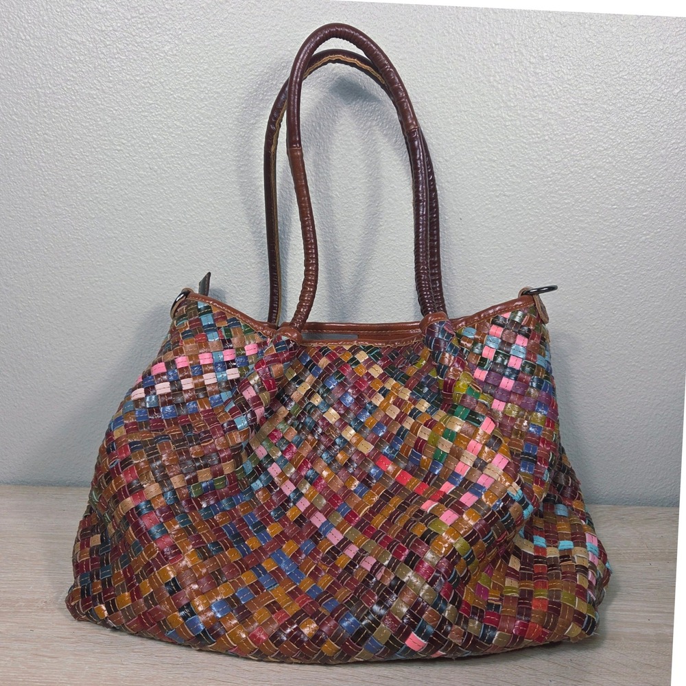 AmeriLeather Multicolor Woven Leather Tote Bag Patchwork Shoulder Purse Boho Art - Picture 11 of 16